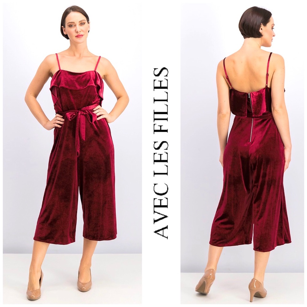 NWT Avec Les Filles Cropped Velvet Ruffled Jumpsuit Wine Red Burgundy
